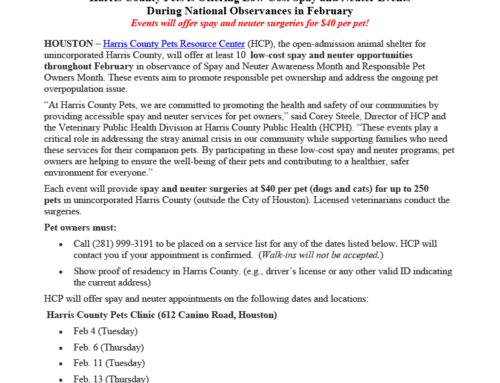 Harris County Pets to Offer Low-Cost Spay and Neuter Events During National Observances in February